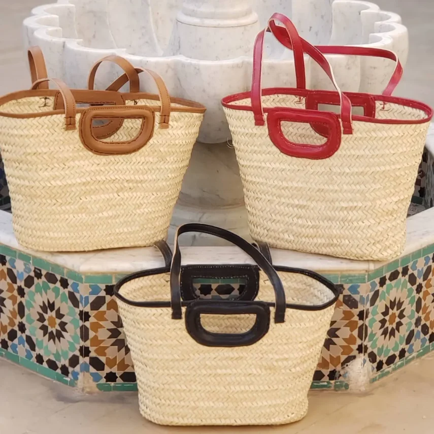 Chic Moroccan Palm Leaf Basket with Leather Mini-Pouch