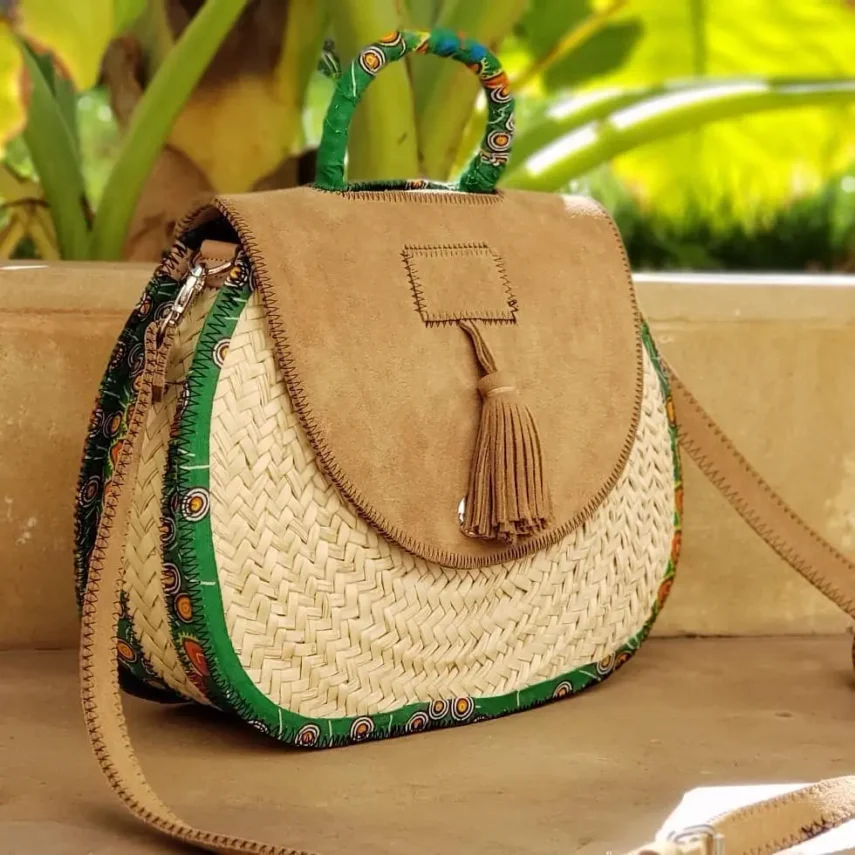 Moroccan Eco-Chic Bag - Palm Leaf & Tan Leather and Stylish Kanga Fabric Bag