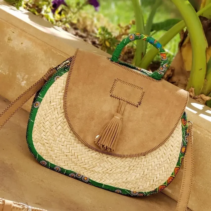 Moroccan Eco-Chic Bag - Palm Leaf and Tan Leather and Stylish Kanga Fabric Bag