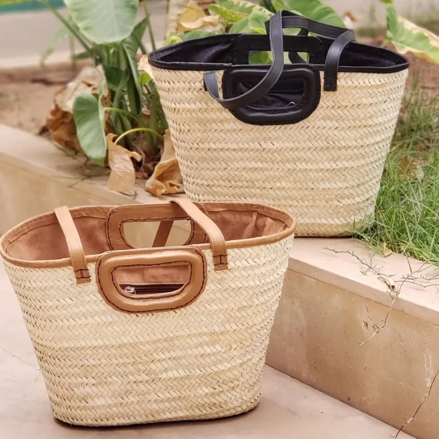 Moroccan Palm Leaf Basket with Leather Mini-Pouch