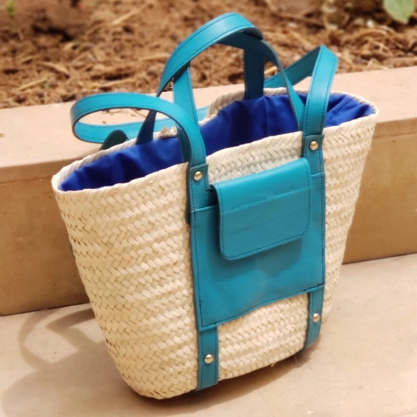 Palm Leaf Basket with Leather Luxury blue color
