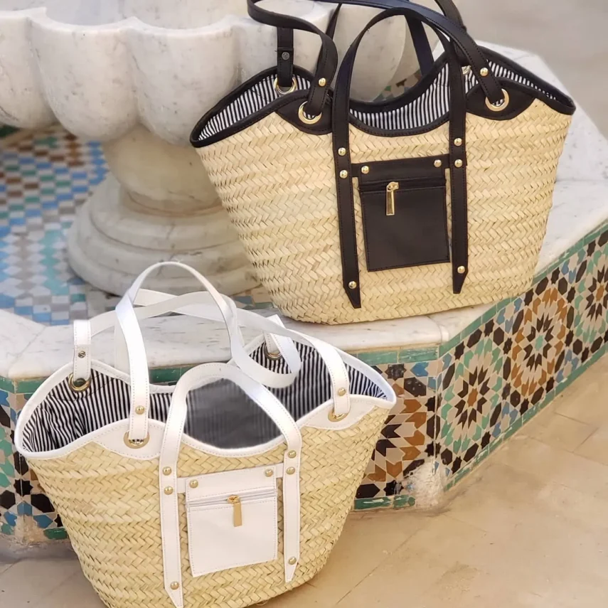 Palm Leaf and Leather Basket Bag - Chic Market Basket with Stylish Kanga