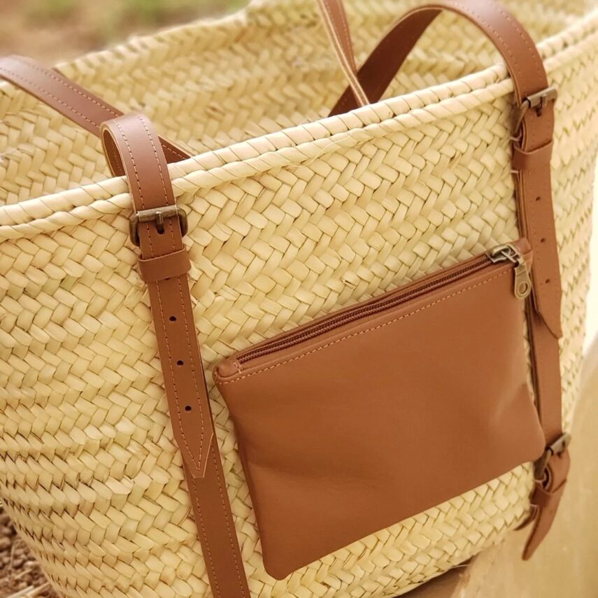 Straw Wicker Basket Bag with a small bag of leather designed in the front