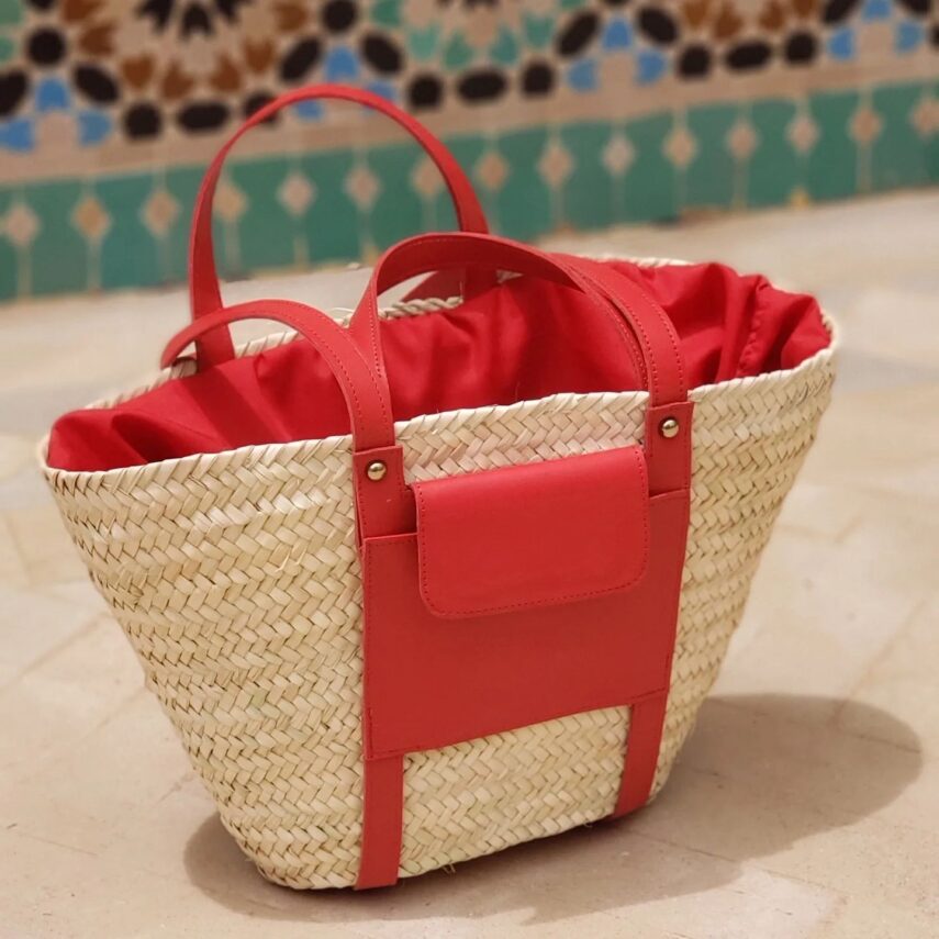 Stylish Palm Basket with Leather Mini-Pouch red color