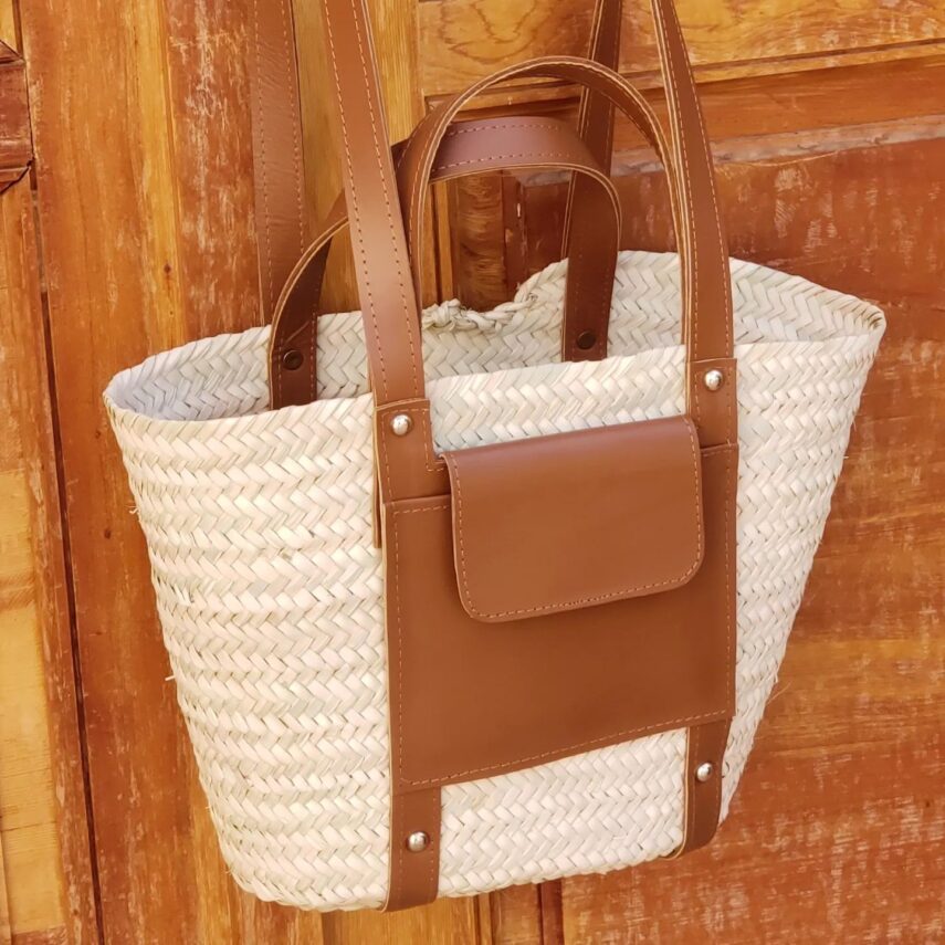 brown Chic Palm Basket with Leather Elegance
