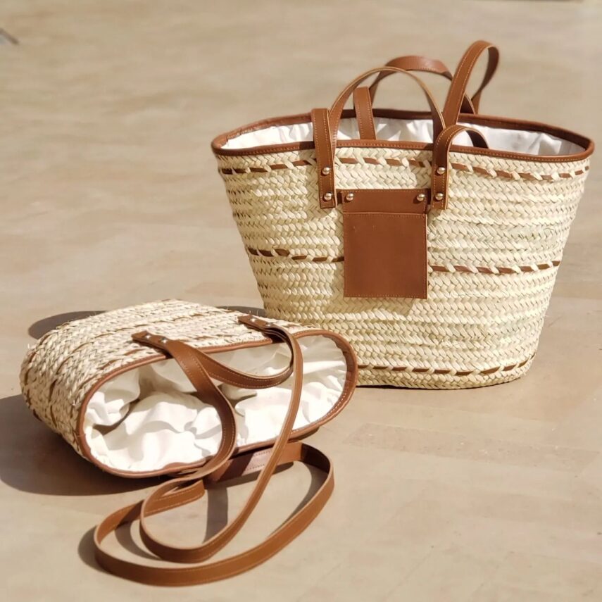 shoulder strap french market basket with leather Brown