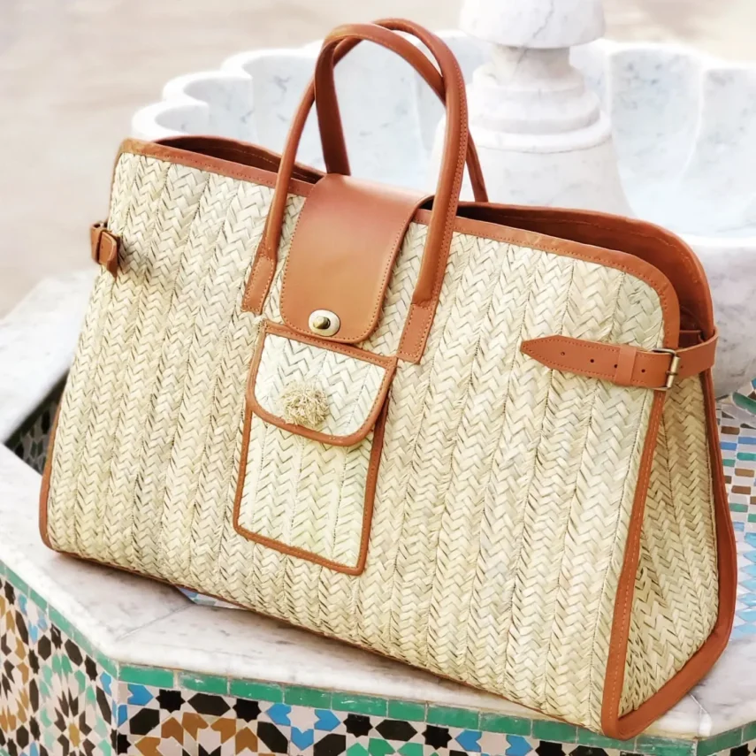 stylish travel basket handcraft with palm leaf and leather