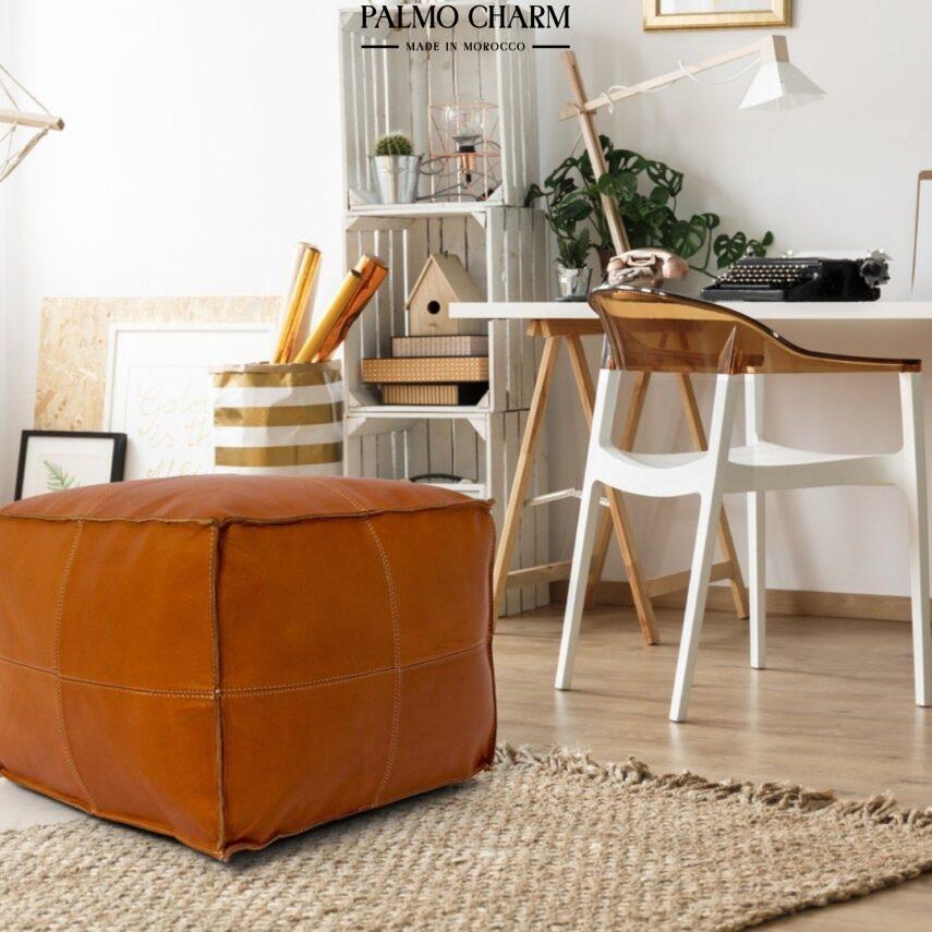 Tan Square Leather Pouf For Home Decor