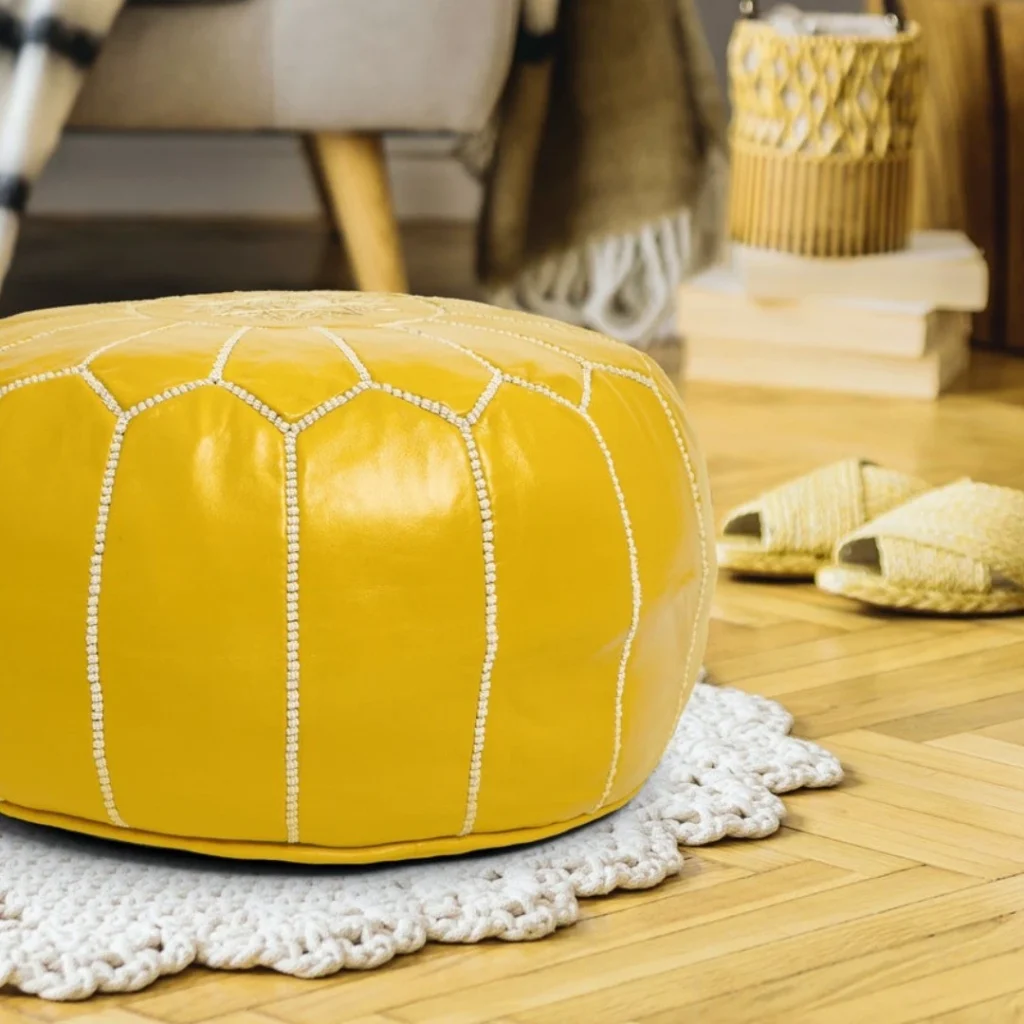Yellow Moroccan Leather Pouf