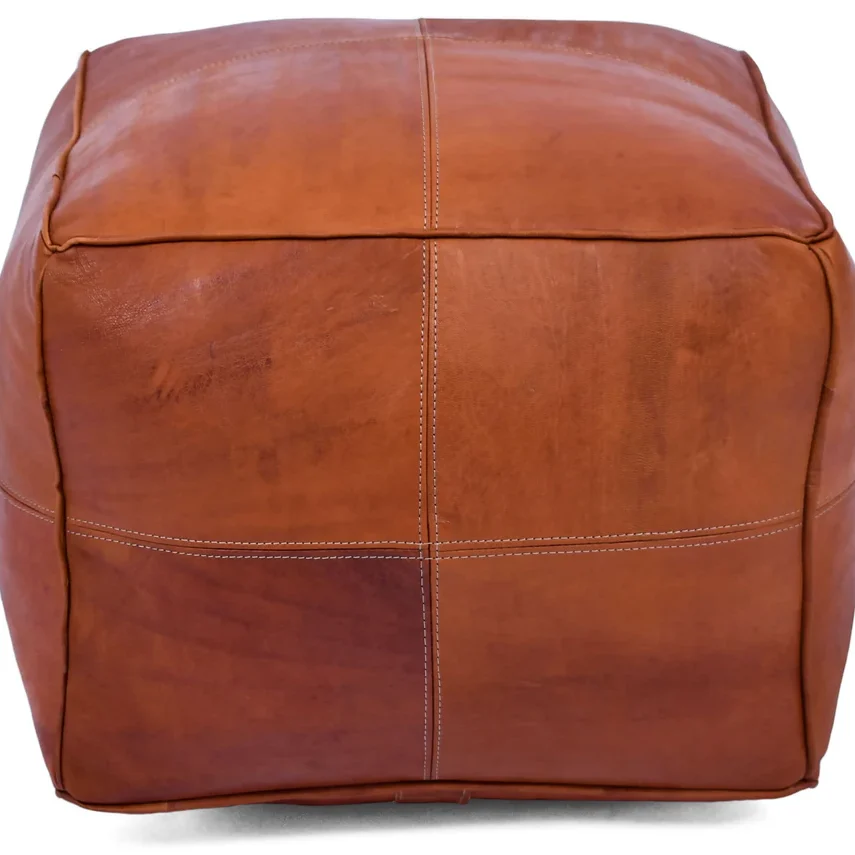 Handmade Leather Pouf Ottoman - Moroccan Footstool Dark Tan Leather