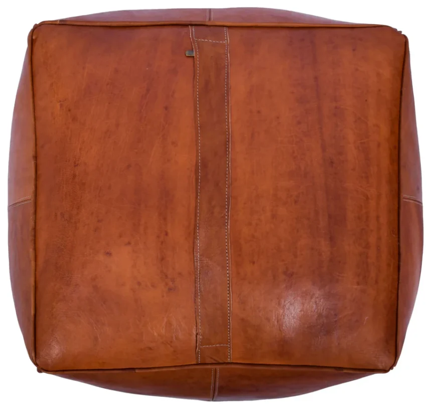 Handmade Leather Pouf Ottoman - Moroccan Footstool Dark Tan Leather moroccan