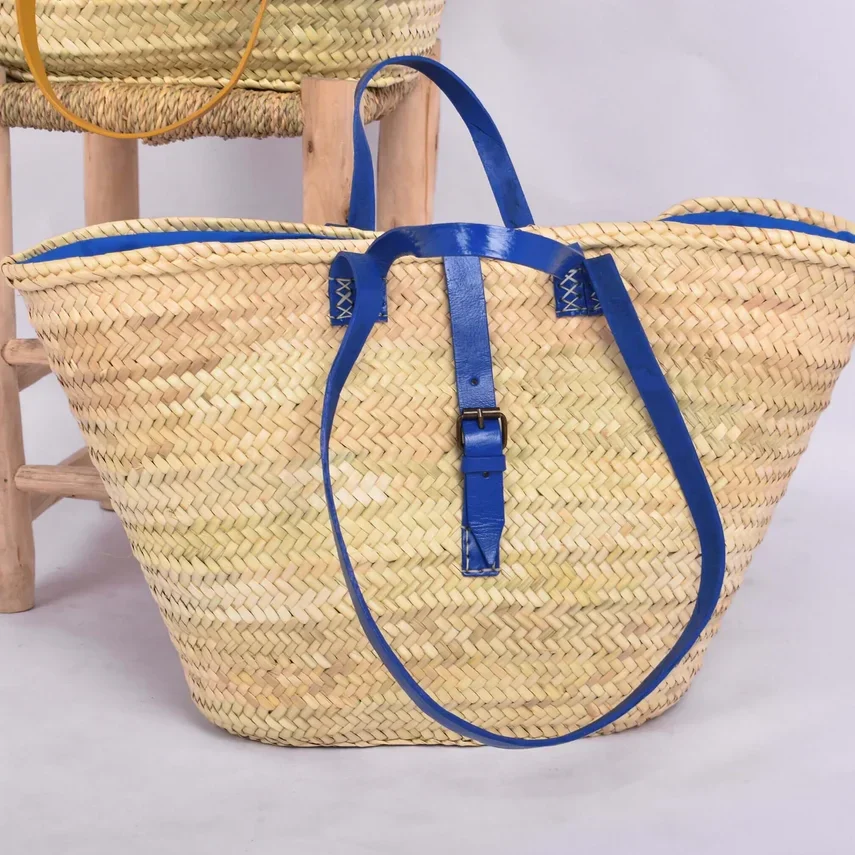 Moroccan Basket with Double Blue Leather Handle Handwoven Large Beach Bag