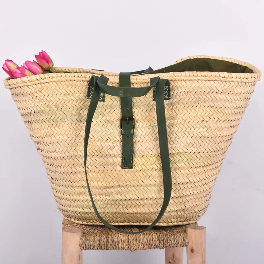 Moroccan Basket with Double Green Leather Handle Handwoven Large Beach Bag