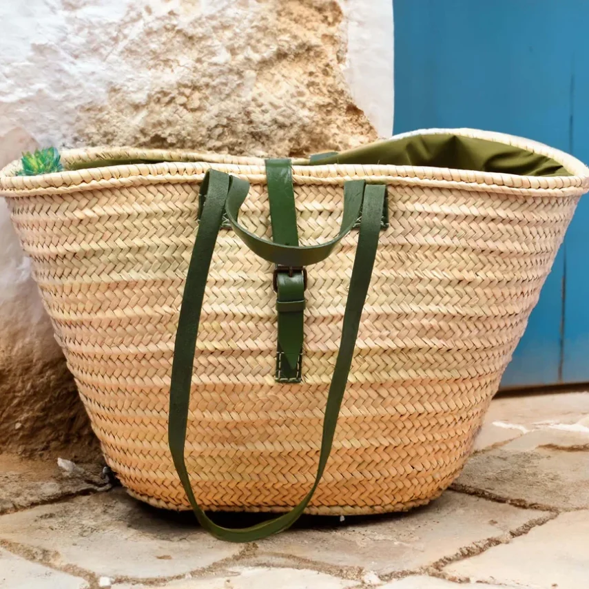 Moroccan Baskets Handwoven Beach Bag with Green Leather