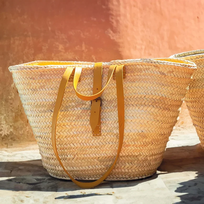 Moroccan Basket - Large Straw Beach Bag with Double Yellow Leather Handles