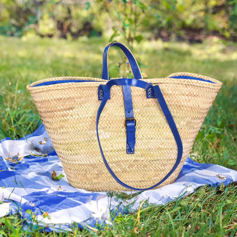 Handwoven Moroccan Basket Tote with Double Blue Leather Handles