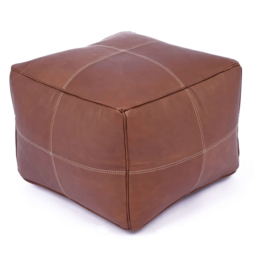 Moroccan Square Leather Ottoman - Brown Boho Pouf