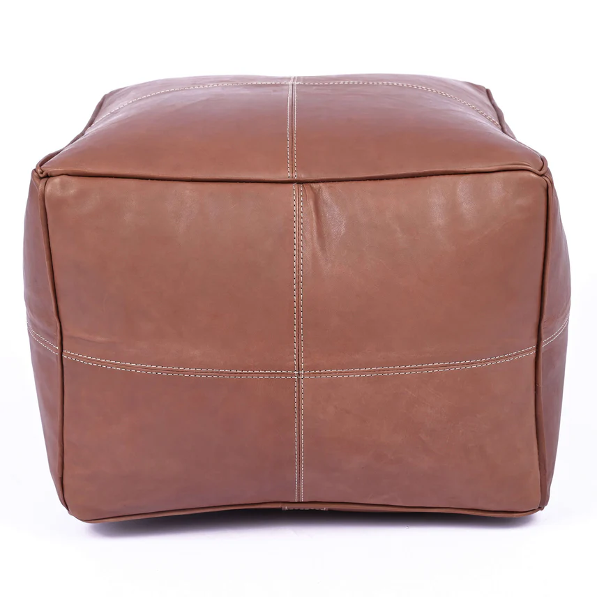 Moroccan Brown Square Leather Ottoman - Boho Pouf