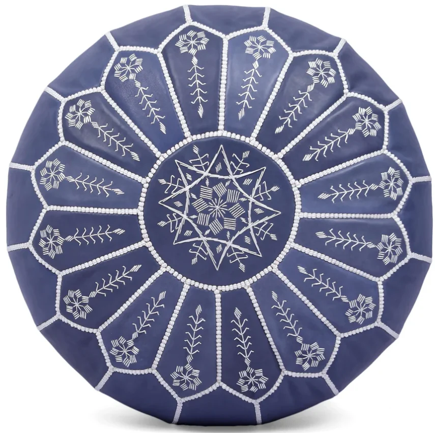 Stylish Blue Leather Moroccan Ottoman Pouf